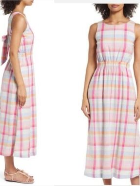 Nordstrom Linen Rayon Plaid Tie Back Dress XL